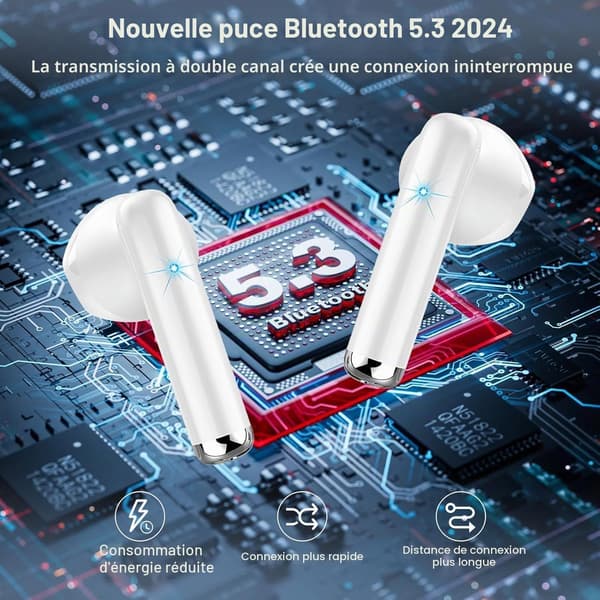 Trådløse Bluetooth-øretelefoner, Bluetooth 5.3-headset med 4 støjreducerende mikrofoner, 40 timers spilletid, Hi-Fi stereolyd