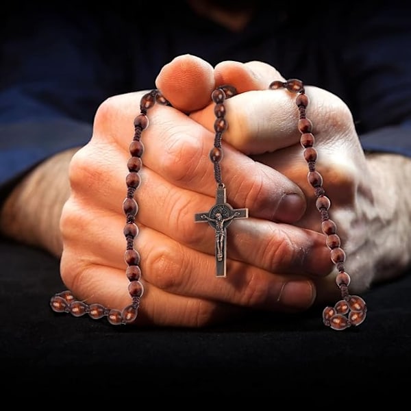 Katolinen Ristiriipusrukousnauha, Luonnonpuiset Rukoushelmet Ristillä Jeesus Kristus Pyhän Benedictuksen Mitalilla, Kristityille
