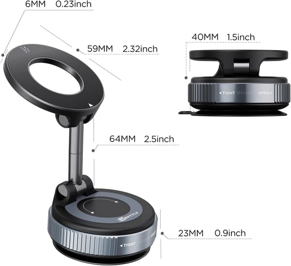 Vakuum magnetisk telefonholder for bil, sugekopp telefonfeste 360° roterbart, sammenleggbart og justerbart, for iPhone 17 Pro MAX 16 og Android