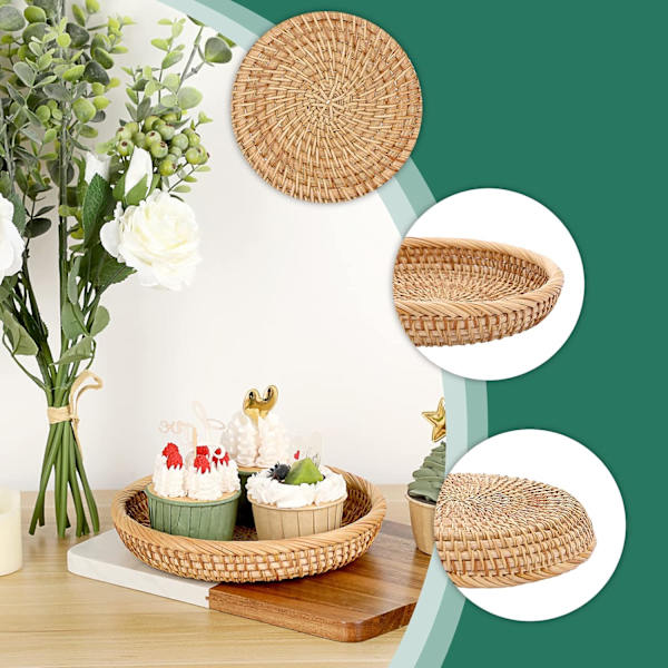 Rund Rattan Vævet Serveringsbakke 19cm Sofabord Dekorativ Displaybakke Stue Skrivebordsorganiseringsbakke til Parfume, Lys