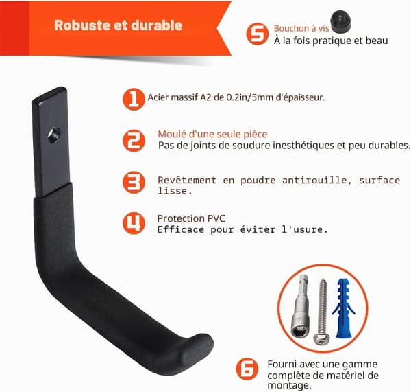 Musta autotallin seinäkoukku, ripustuskoukku autotallin säilytykseen, 10 cm