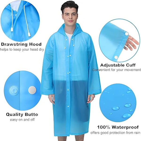 Regnponchos för vuxna återanvändbara, 2 st regnrockar nöd för kvinnor män med huva och dragsko vuxna poncho-blå