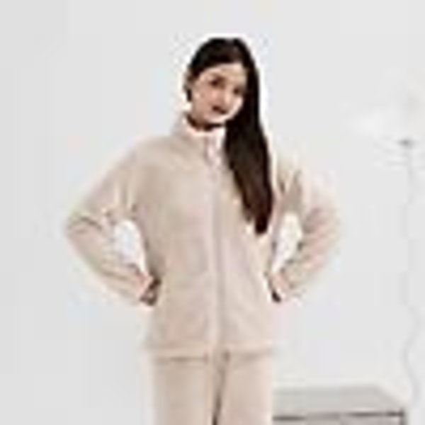 Kvinnors fluffiga pyjamas set kvarts dragkedja fleece 2 delar Sherpa pullover byxor set fuzzy sovkläder, Off white M (110 catties - 130 catties)