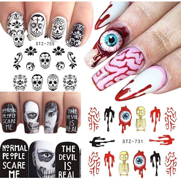 Halloween Nagelstickers Dödsdagens Vattenöverföring Nageldekaler 24 Ark Skalle Spöke Öga Hulk Clown Häxa Nagelkonst Dekaler