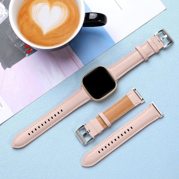 Læderrem Kompatibel med Fitbit Versa 3/Fitbit Sense 2/Sense Rem, Ægte Læder Elegant Udskiftningsrem, Lys pink