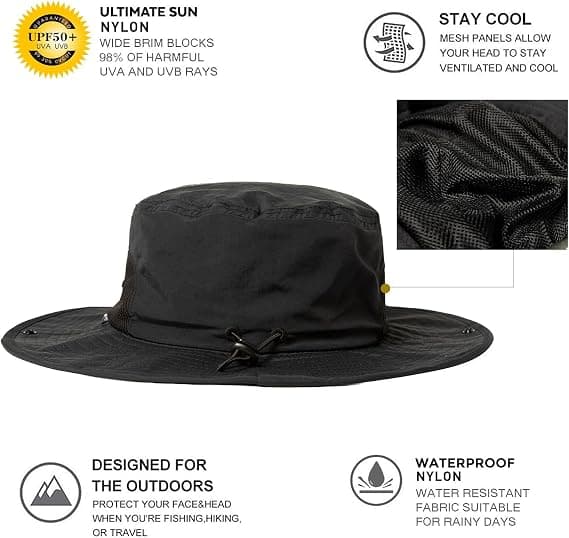 Oversized Golfbøtte Solhatter for Menn Stort Hode Bred Skygge Fiske black
