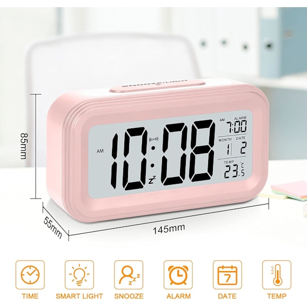 Väckarklocka 4,3\" LED-display, Digital väckarklocka med batteridrift, Snooze, Lätt att använda, Temperaturkalender, 12/24 timmar