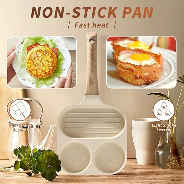 Stegepande med 3 huller, æggepande med non-stick sund granit til morgenmad, multi-æggepande