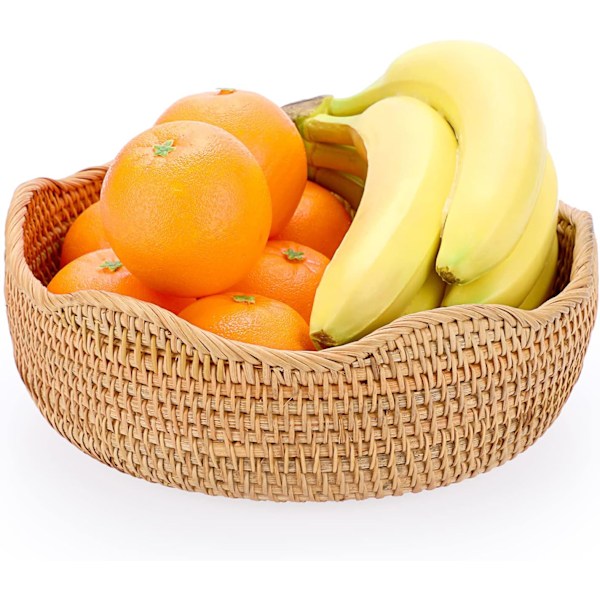 Rattanförvaringskorg Vävd Fruktkorg Rund 28cm Brödserveringskorg Snacks Äggförvaringskorgar Matbord, Skrivbord Bänkskiva