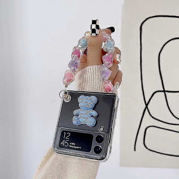 Söpö 3D-karhukotelo yhteensopiva Samsung Galaxy Z Flip 4:n kanssa, kova PC-suojakuori sydänrannekorulla