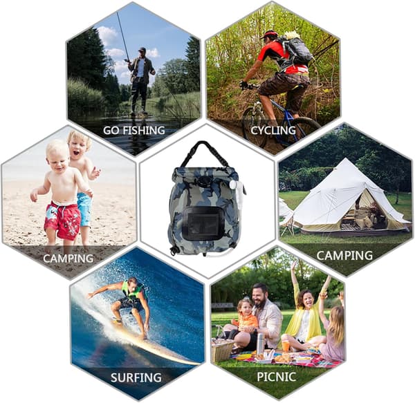 Solar campingbruser, 20L rejsebruser med brusehoved, foldbar udendørsbruser, ideel til vandreture og klatring