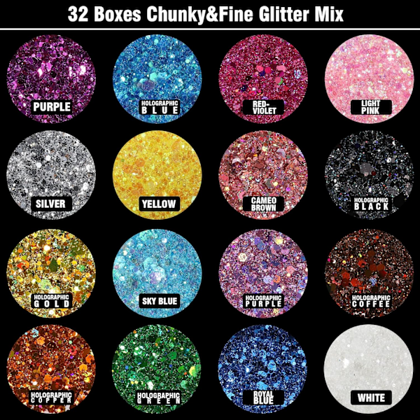 Rave-festivaalien paksu ja hieno glittersekoitus, 32 väriä iridescenttiä irtoglitteriä, kosmeettinen meikki kasvoille, vartalolle ja hiuksille