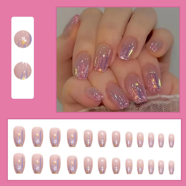24 st False Naglar Korta Kvadratiska Franska Spets Rosa Lila Tryckta Naglar Aurora Meteor Design Falska Naglar Fulltäckande Akryl Limnaglar Kit
