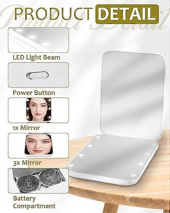 Kompakt Spejl, Bærbart Makeup Spejl 23 cm x 18 cm x 3,8 cm med 8 LED-lys, sort