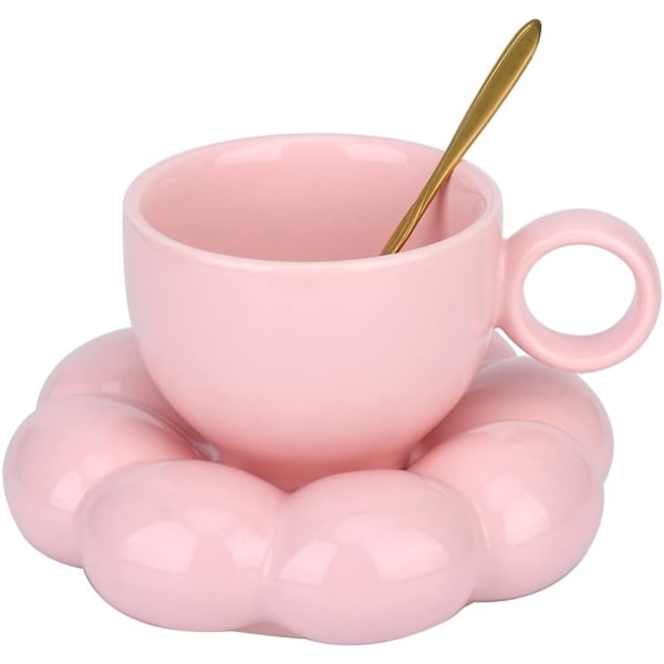 Keramisk kaffemugg, molnkaffekopp och fat set, söt mugg med blomsked och solrosunderlägg 200 ml (rosa) Pink
