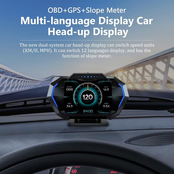 Bil head-up display, multifunktions LCD-skærm, vinklet OBD+GPS instrumentbræt