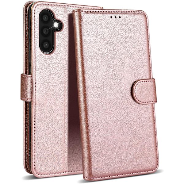 Samsung A14 Mobilskal - Läder Folio Flip Ställ Stötsäkert Skydd med Blockerande Kortfack Plånbok - Roséguld