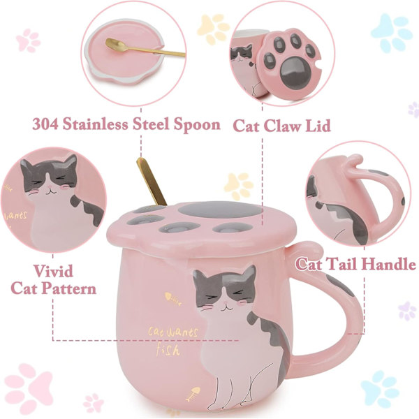 Katt Krus, Keramisk 3D Nyhet Katt Kopp Bein Porselen Kaffe Te Kopp med Lokk og Skje, Gave til Katteelskere/Kvinner (450ml)