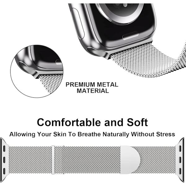 Uppgraderad rem kompatibel med Apple Watch 42mm 44mm 45mm 49mm, magnetisk justerbar för iWatch Series 9 8 7 6 5 4 3 2 1 SE, silver