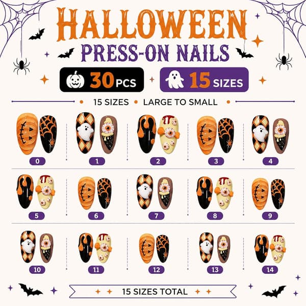 30 press-on negler Halloween mandel 3D blodøye gresskar design