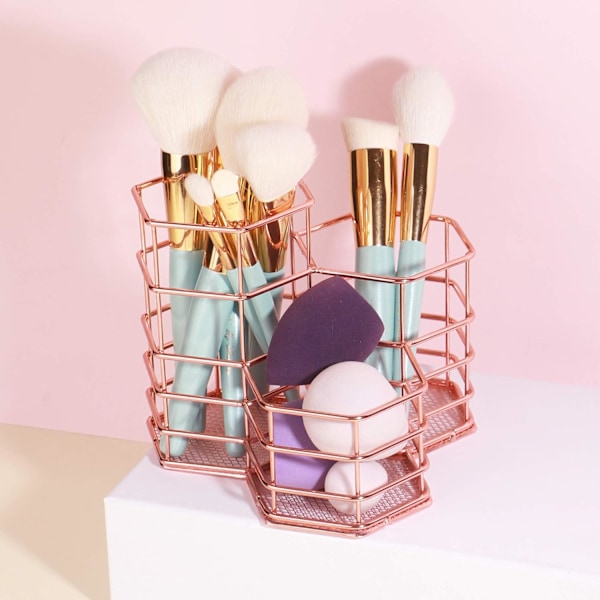 Makeup borsthållare i metall, guldrosa, kosmetisk förvaring, skönhetssvampar, blenderhållare