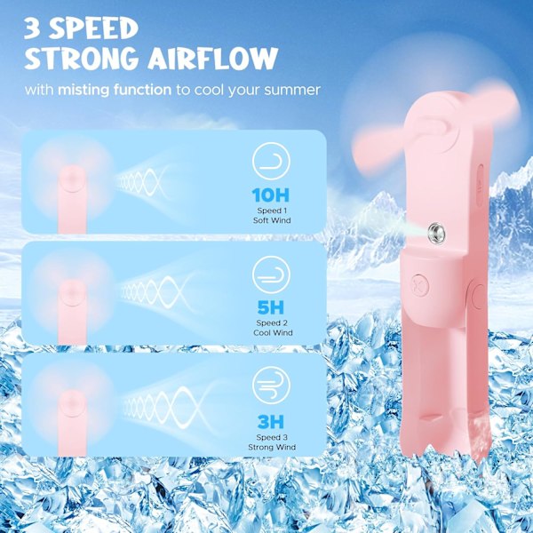 Kannettava kädessä pidettävä tuuletin, mini käsituuletin vesisuihkeella, kokoontaitettava tuuletin USB-ladattavalla akulla, taskukokoinen tuuletin 3 nopeudella Pink