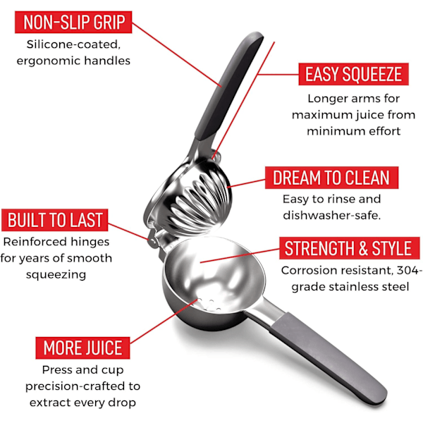 Citronpresser i rustfrit stål - Ergonomisk, manuelt skridsikkert greb - Ubesværet håndholdt juicer