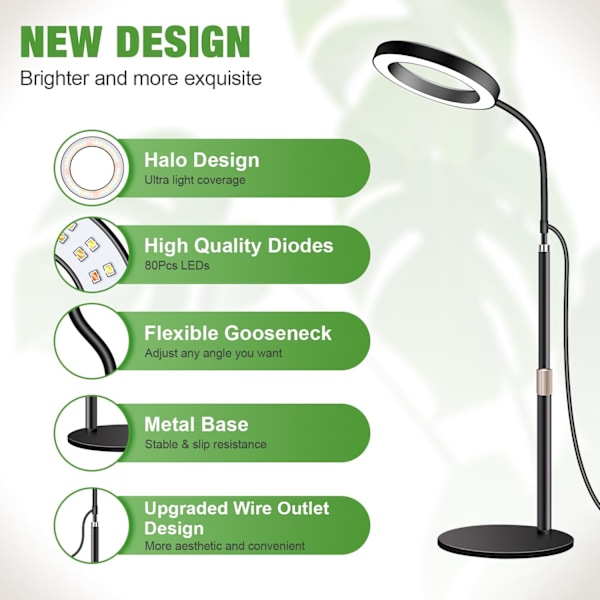 Växtlampor för Inomhusväxter, 80 LED Fullspektrum Skrivbordsväxtlampa med Timer för 6H/12H/16H, 5 Dimmerlägen Style 1
