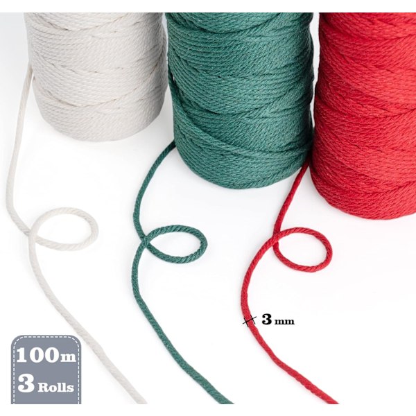 3 Rullar Macrame-snöre 3mmx100m, DIY-Snöre i Bomull för Väggbonader, Växtupphängningar, Hantverk, Stickning, Dekorativa Projekt Beige + rose red + dark green