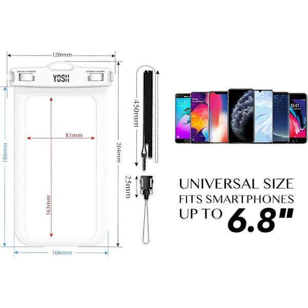 Vattentät Smartphone-väska [IPX8] Vattentät Telefonväska, Universellt Vattentätt Smartphone-fodral för iPhone 13 12 11 XS XR Samsung S21 S10 etc. upp till 6 tum