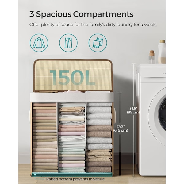 Pyykkikori 3 osastolla, irrotettava kansi ja kahvat, 150L taittuva, pyykkitupaan, makuuhuoneeseen, kylpyhuoneeseen, luonnollinen