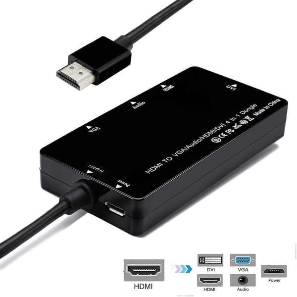 HDMI - VGA/Audio/HDMI/DVI 4-in-1 -sovitin – Musta