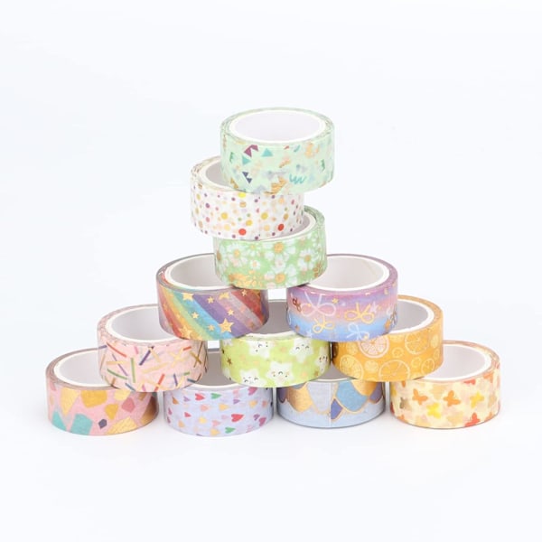 12 Rullar Blommiga Washi Tejp Set, 15 mm Bred, Färgglada Stjärna Hjärta Regnbåge Blomma Fjäril Båge Punkt Mönster, Maskeringstejp Dekor (3m)