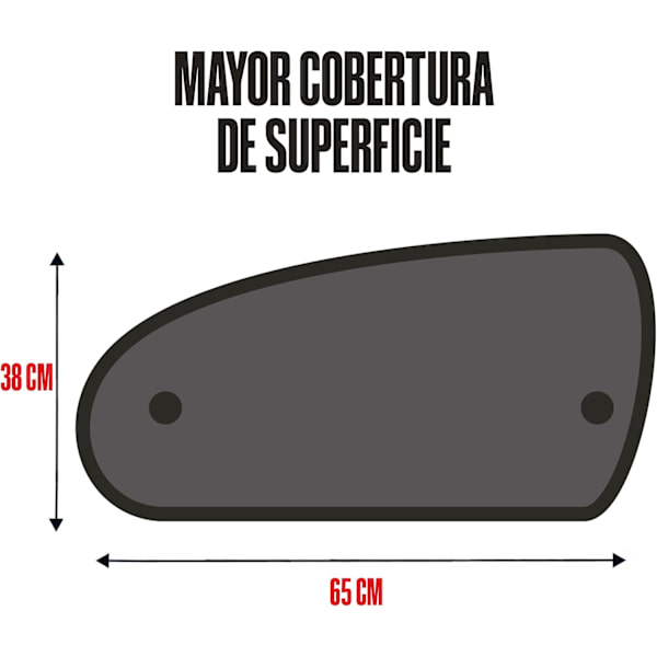 To sorte, trelags, mikroperforerede, foldbare solskærme til sideruder, 65 x 38 cm. 100 % premium polyester.