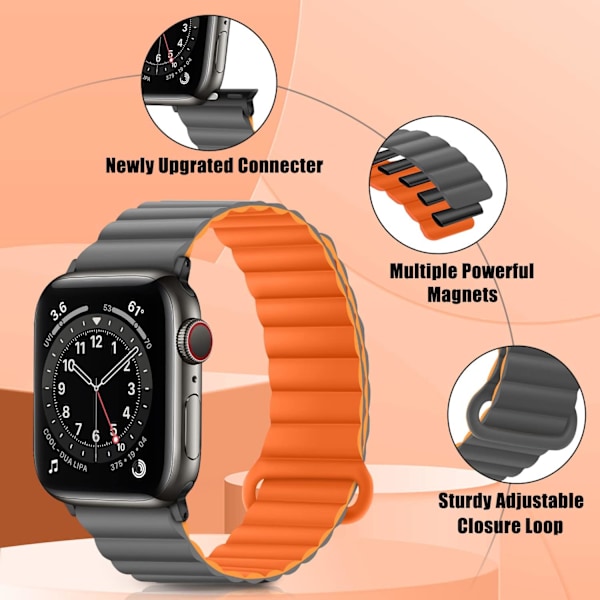 Kompatibel med Apple Watch-rem 49mm 45mm 44mm 42mm, dubbelsidig bärbar silikonmagnetband (grå orange) 42mm 44mm 45mm 49mm