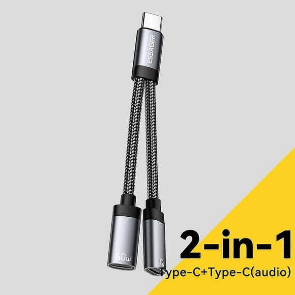 ESSAGER ES-YP25 Audio Lataussovitinkaapeli Type-C - Type-C+Type-C samanaikaiseen käyttöön