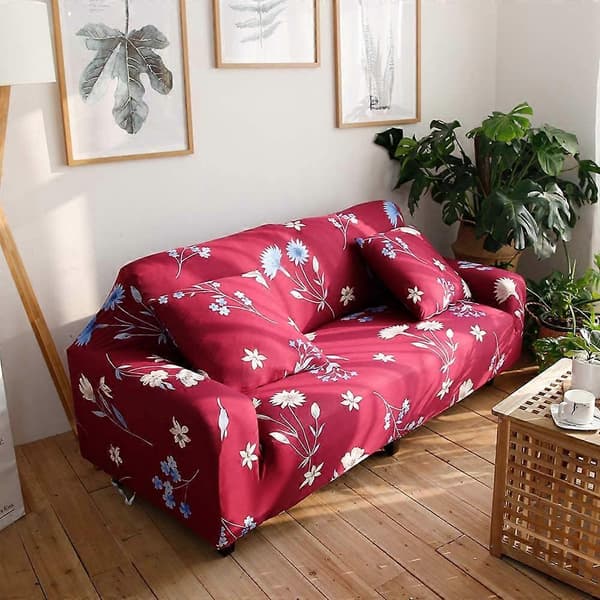 Sofatrekk for 2-seters sofa, stretch, rød blomst