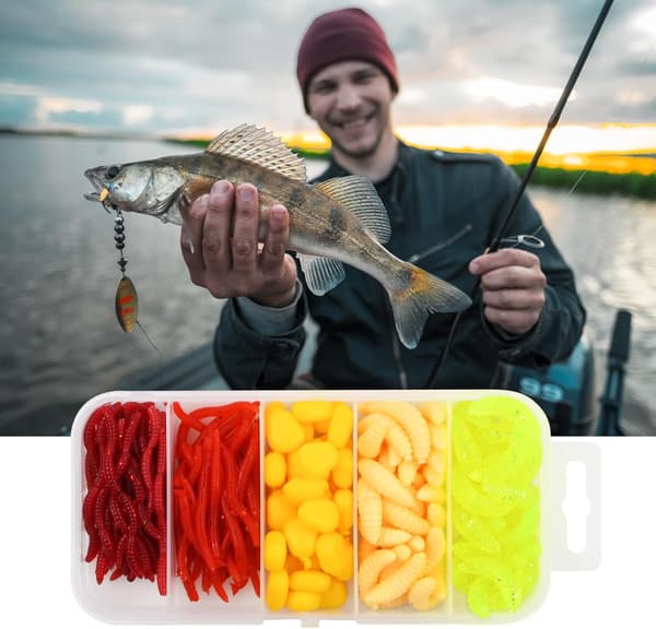Fiskesluker, sett med 161 kunstige markformede sluker