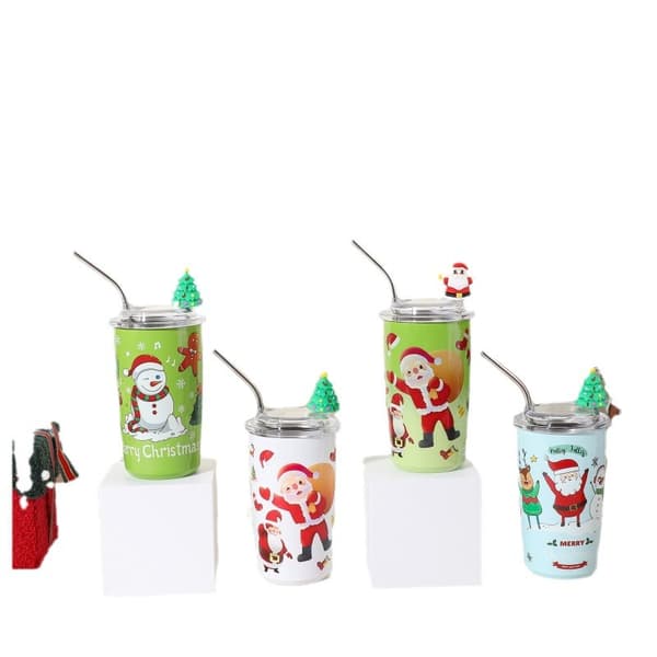 460ML Julvattenkopp Julresekopp 3D Jultomte Julgran Rostfritt Stål Termosmugg för Julfester Kaffe, Te, Smoothies