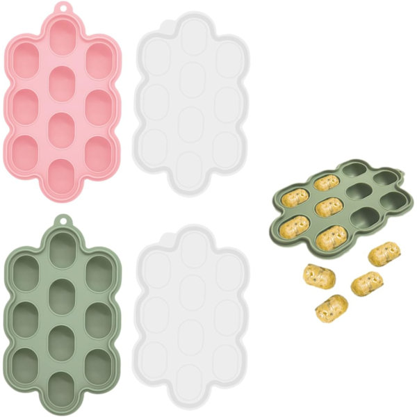Set med två isbitsformar, silikonbehållare, isbitsform med lock, rosa, khakigrön