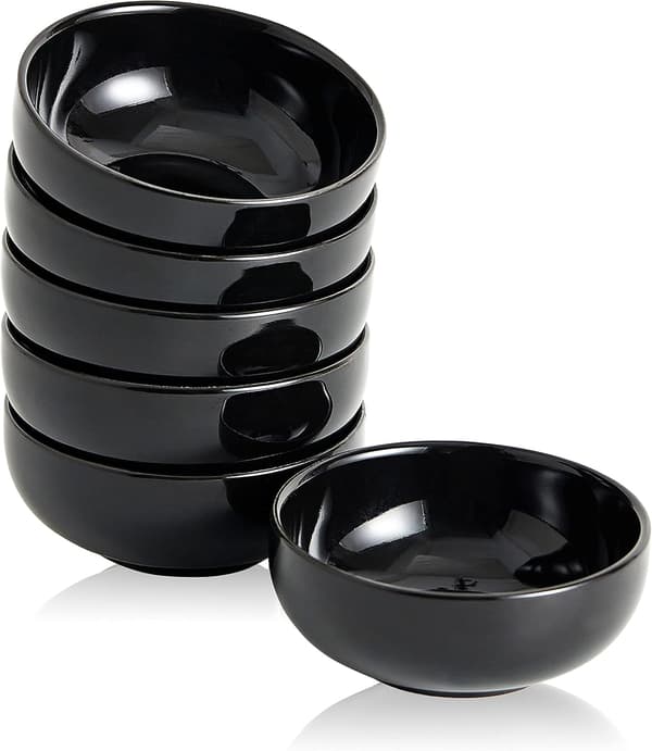 Set med 6 keramiska skålar, 7,4 cm, för matlagning och servering av 70 ml minissåser, Svart