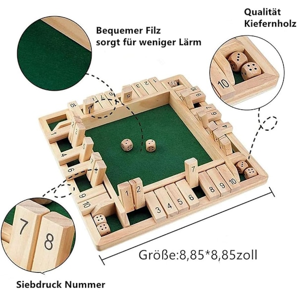 Shut The Box Spel för 4 Spelare - Tärningsspel i Trä, Traditionellt Pubspel, Resespel, Familjespel, Semester