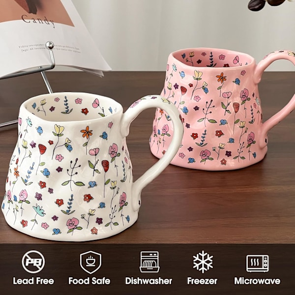Keramisk Kaffemugg Söt Handgjorda Blommor Kreativa Muggar Design Tryckta Blommor Kopp för Kontor och Hem 600 ml (Vit) White