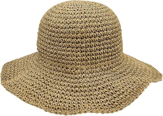 Dame stråhat, bred skygge, foldbar, sommer strandstil, khaki, solbeskyttelse og skygge