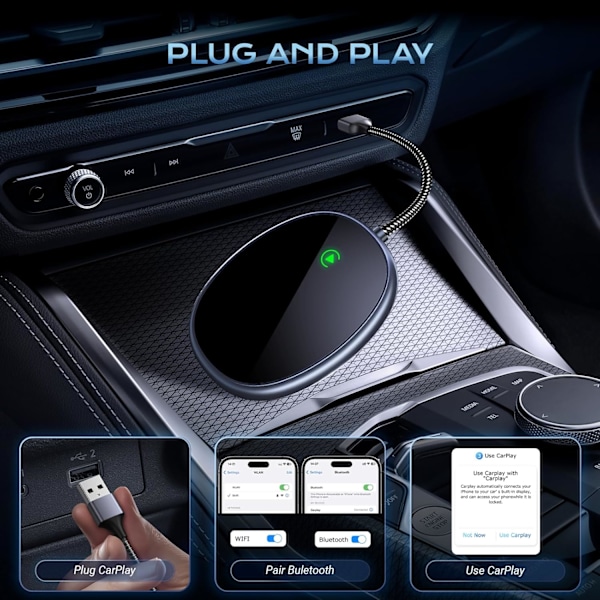 Langaton Carplay Dongle -sovitin iPhonelle, 2024 Uusin Plug & Play Langaton Carplay, autoihin vuodesta 2015 & Applelle ja iOs 10+