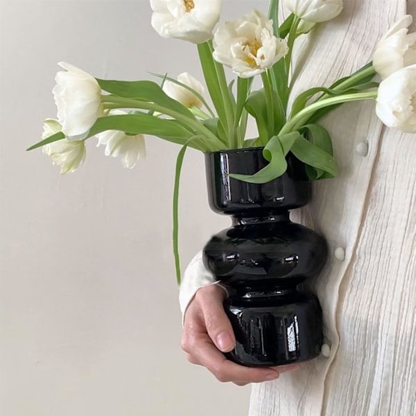 Glasvas för hydroponisk odling, 7'' Svart Glasvas för Blommor, Blomvas för Heminredning, Modern Geometrisk Glasvas (Svart) Black