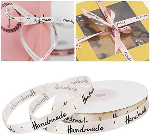 25 Yards Bomullsband, 1cm Bredd HANDMADE Bokstav Bomullsband Presentförpackning Satin för Hantverk Present Deko (Beige)
