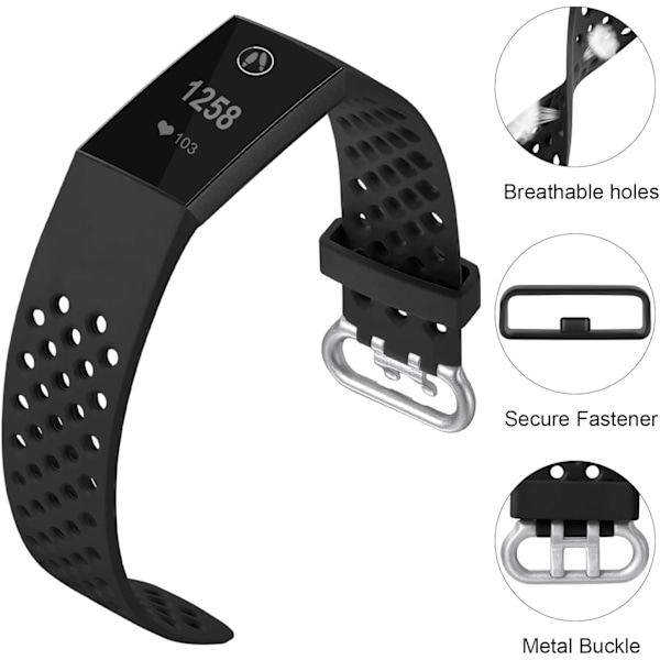 Kompatibel med Fitbit Charge 3/ Charge 4 rem, justerbar sports silikone erstatningsrem, til Fitbit Charge 3 SE, Large, sort