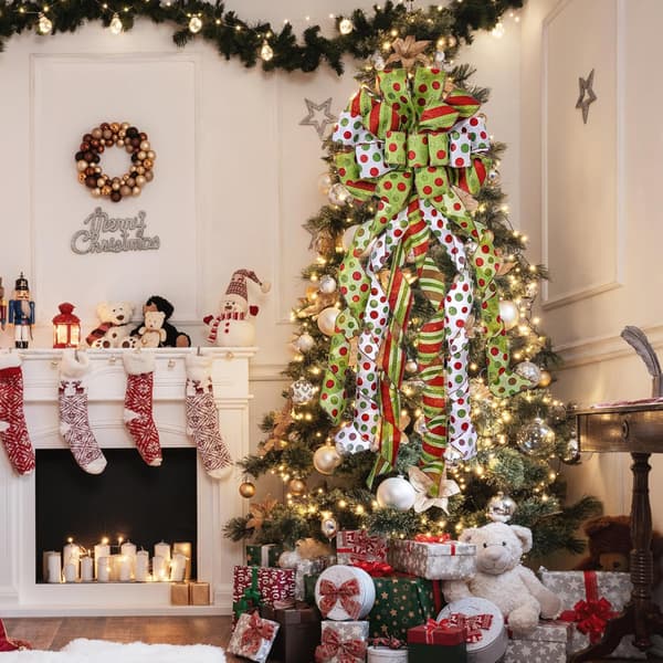 Stor Grön Julgrans Topp Krans Båge, Röd Grön Prickig Polyester Presentbåge för Jul Bröllop Thanksgiving Dekoration