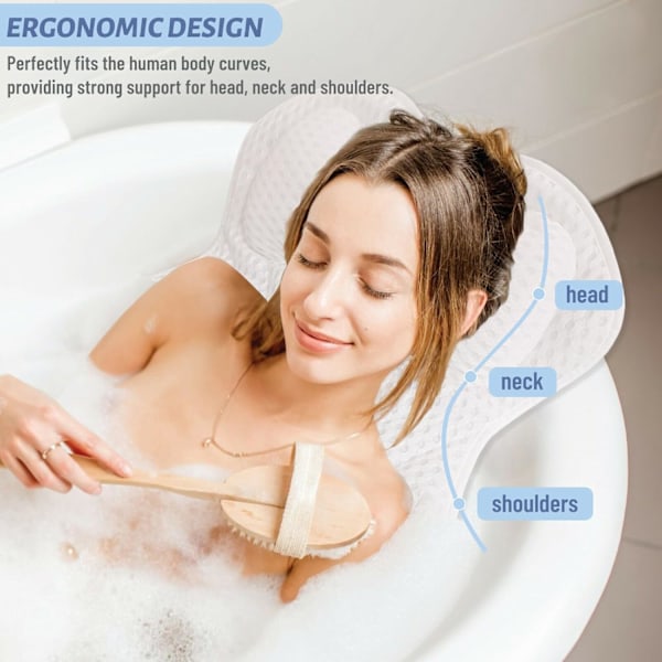 Badkudde för Huvud och Nacke, Ergonomisk 4D Air Mesh, Lyxig Vattentät Badkudde med 6 Kraftfulla Sugkoppar